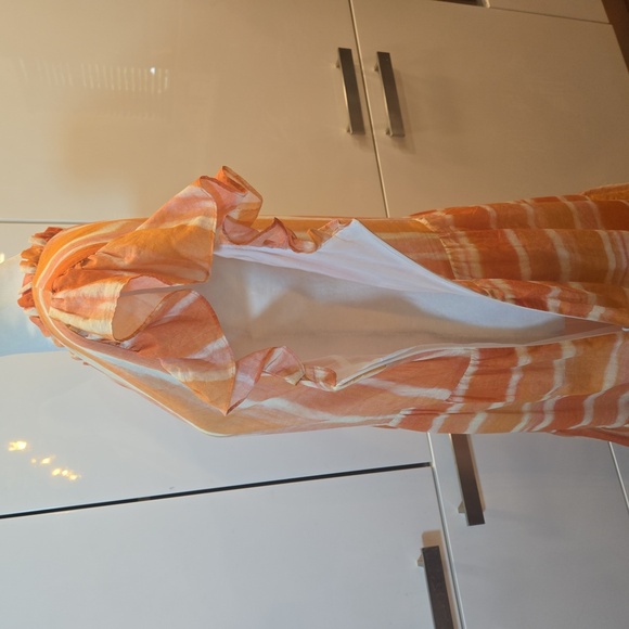 WILLA STORY Ruffled Cotton Peasant Boho Striped Dress Peachy Orange Size Large - Picture 7 of 12